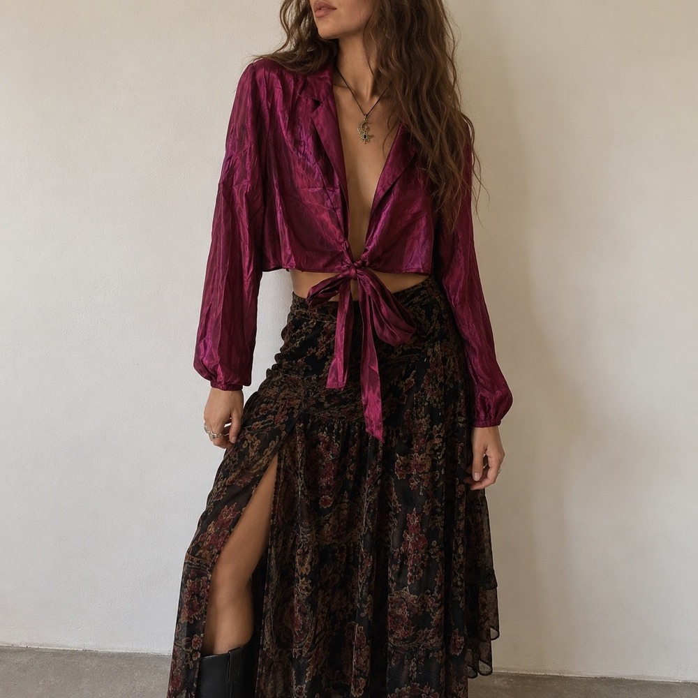 Bebe Purple High Shine Front‎ Tie Crop Top Size 8 Whimsigoth Witchy Y2K Holiday